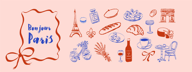 Bonjour Paris Whimsical iconic French culture and cuisine illustrations with cafe and baguette © Viktoriia