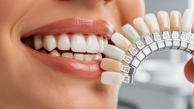 Patient smiling as a dental shade guide is held near teeth. Specialist selects matching porcelain tooth color for aesthetic treatment. Cosmetic dentistry concept, perfect for dental clinic marketing.