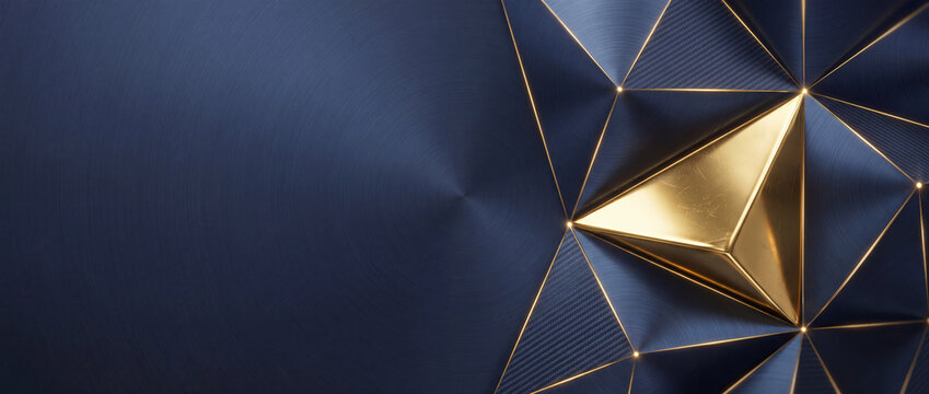 Abstract geometric background with gold pyramid and dark blue metallic triangles, featuring a circular brushed metal texture ideal for luxury corporate branding and premium technology designs