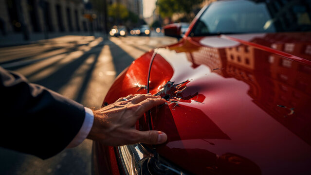 Man in suit touching dented red car hood after a city accident. Vehicle owner inspecting collision damage on street during sunset. Insurance claim and automotive repair concept for marketing.