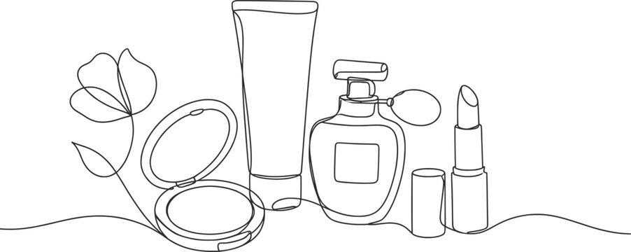 Cosmetic Beauty Skincare Product Collection Line Art Vector Illustration Set.
