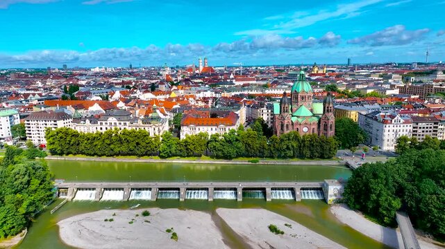Aerial view of river Isar, St Lukas Kirche and cemtral Munich, Germany, Europe