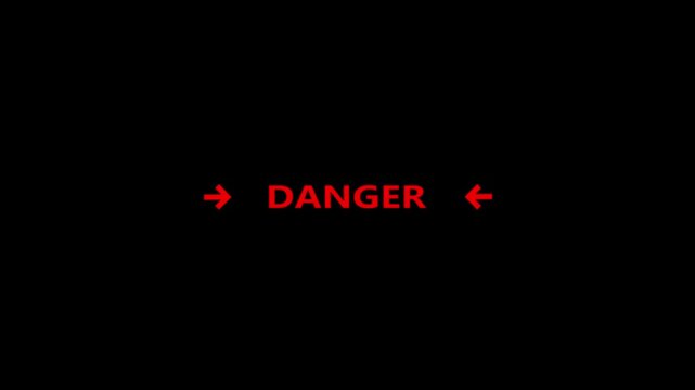 Red Danger Text Animation with Minimal Hazard Alert and Directional Arrows on Black Background 4k visuals