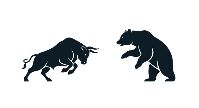 Illustration of silhouette of a charging bull and a bear in a confrontational stance, symbolizing market trends and financial trading