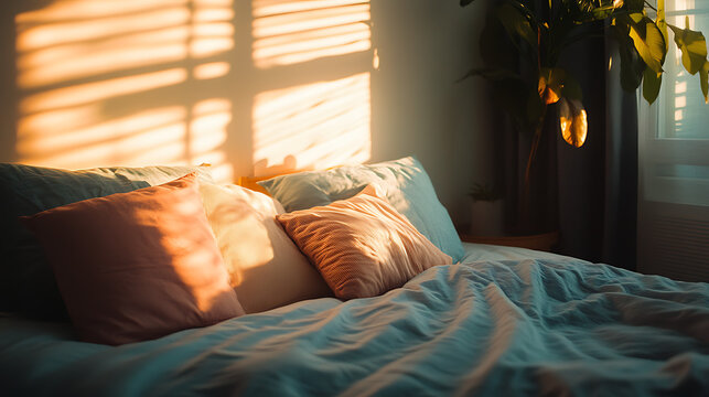 Beautiful bed with pillows with sun light