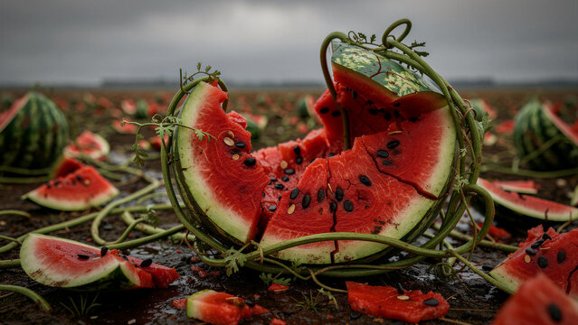 Broken watermelon laying in a muddy field under a stormy sky. Smashed fruit shows red flesh and seeds amidst green vines in an agricultural landscape. Concepts of food waste and crop failure.