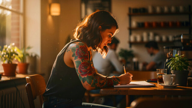 Young woman with floral tattoos writing in a notebook at a cafe. Creative freelancer working in a cozy coffee shop with warm sunlight. Journaling and remote work concept for lifestyle marketing.