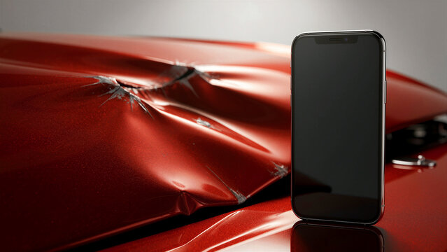 Smartphone beside dented red car hood after collision. Blank screen mockup against damaged vehicle body. Car insurance and mobile reporting concept for automotive services.