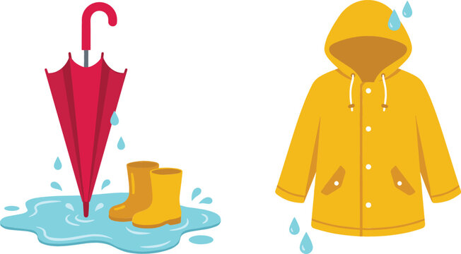 Rainy day elements set featuring a yellow raincoat with hood folded pink umbrella yellow rubber boots water puddle and splashing raindrops vector illustration