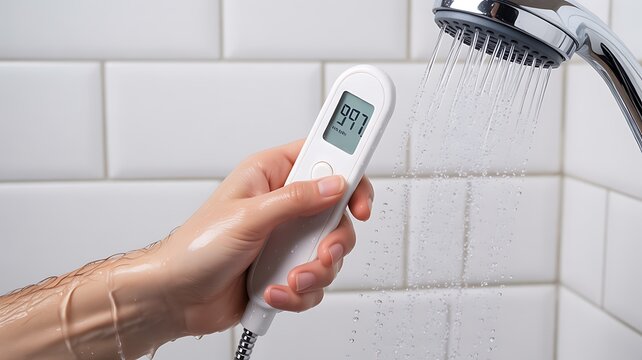 Hand measuring shower water temperature with a digital thermometer for safe bathing