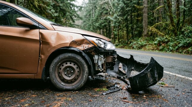 Damaged copper car with crumpled front bumper on forest road