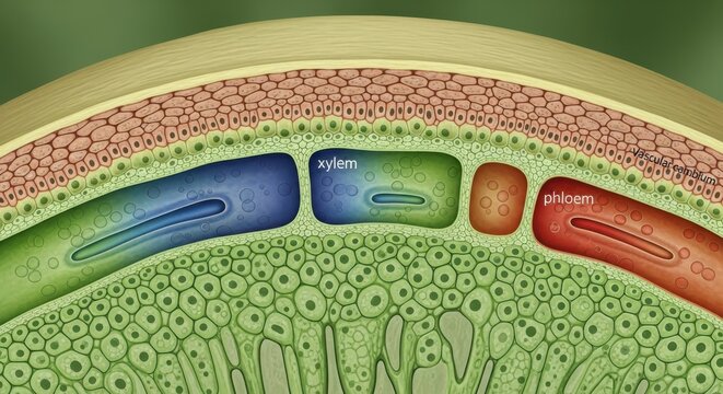 Cross-section view of a leaf showcasing its internal cellular structure and chloroplasts in various colors.