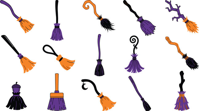 Halloween witch broom icon collection featuring magical flying broomsticks whimsical fantasy objects and flat cartoon vector illustration set