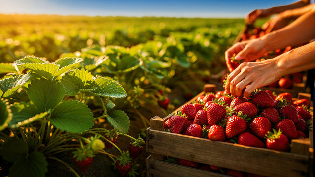 Hands picking fresh ripe strawberries and placing them in a wooden crate. Workers harvesting red berries in a sunny field during golden hour. Organic farming concept for healthy food marketing.