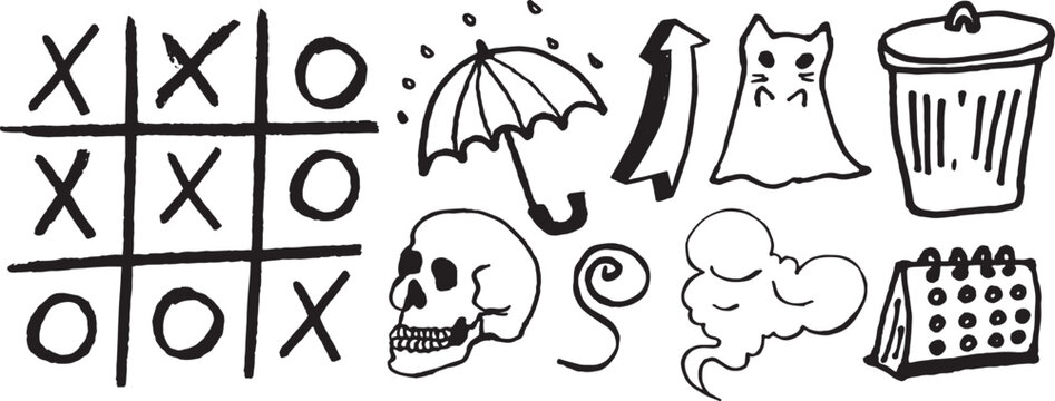A collection of handdrawn doodle icons including tic tac toe umbrella skull cloud ghost cat trash can and calendar isolated on a white background