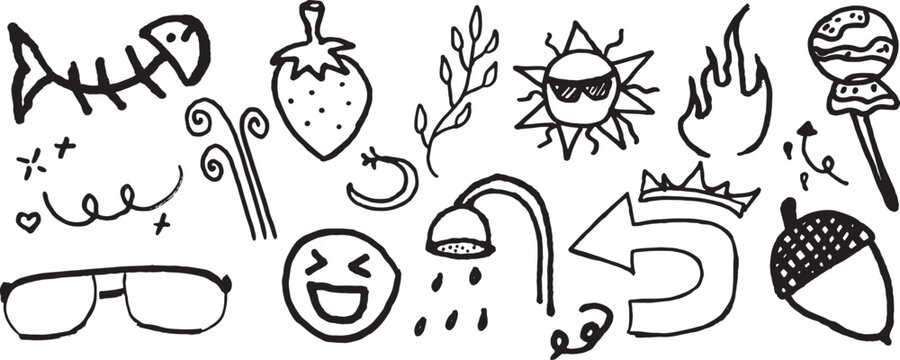 A collection of whimsical black and white handdrawn doodles depicting various objects like a fish skeleton strawberry sunglasseswearing sun and arrows