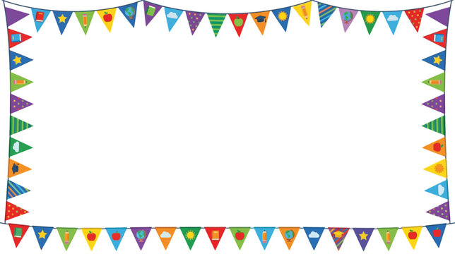 Colorful back to school bunting frame with school icons like apples, books, pencils, and globes on triangular flags, creating a festive educational border.