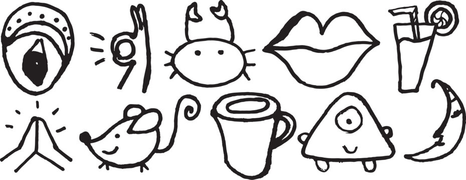A set of cute cartoon doodle illustrations of various objects and faces  eye hand cow lips drink moon praying hands mouse mug and triangle