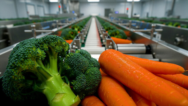 Fresh broccoli and carrots on an automated conveyor belt in a food processing facility. Modern industrial machinery sorts organic vegetables. Food production and logistics concept.