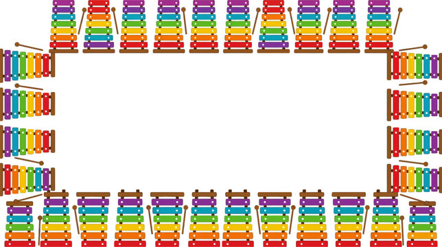 Vibrant flat vector page border featuring colorful rainbow xylophones and mallets, ideal for music education, children's posters, and playful invitations.