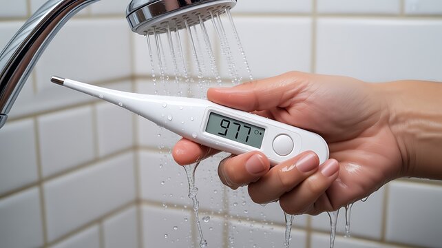Hand measuring shower water temperature with a digital thermometer for safe bathing