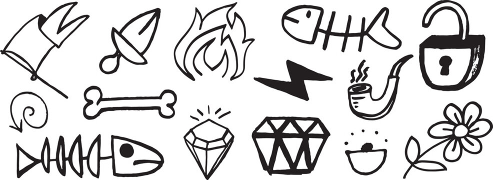 A whimsical collection of handdrawn sketch icons including a flag sword bone lightning bolt smoking pipe and flower isolated on transparent background