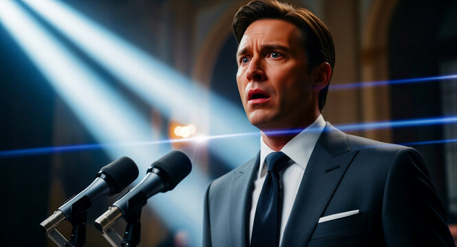 Businessman looking shocked while standing at a podium with microphones. Elegant man in a suit reacting with surprise under dramatic stage lights. Public speaking anxiety or breaking news concept.