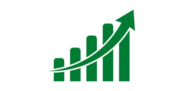 Green business bar graph with upward growth arrow isolated on transparent background