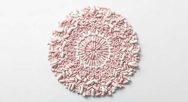 Artistic Arrangement of Pink and White Pills in a Circular Pattern.
