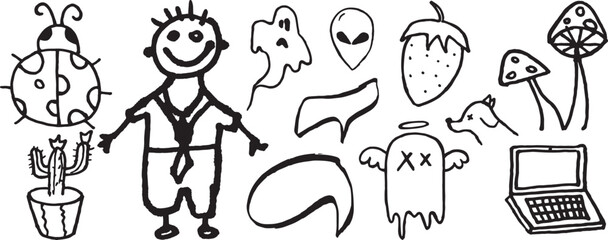 Collection of doodlestyle illustrations featuring a ladybug potted cactus stick figure child ghosts alien strawberry dog mushrooms and a laptop isolated on transparent background © MorshedBD