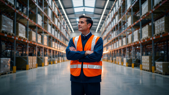 Warehouse worker in high-visibility vest standing with arms crossed. Logistics manager overseeing storage in an industrial facility. Supply chain management concept for shipping and trade marketing.