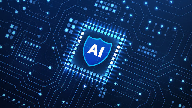 Artificial Intelligence Security Chip: A glowing blue digital circuit board features a central processor chip with an AI shield emblem.
