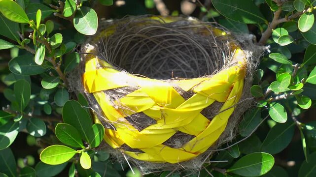 Empty Bird Nest with Yellow Decorative Lining in Green Foliage
