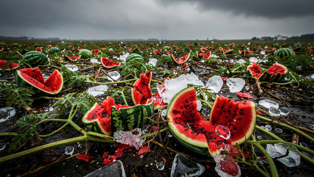 Broken watermelons smashed in farm field after hailstorm. Ice chunks among destroyed crops under dark sky. Agriculture loss concept for insurance and climate impact marketing.