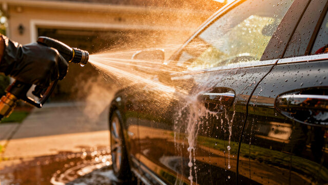 Person washing a dark car using a high-pressure water nozzle at sunset. Water spray hits the vehicle door with soap suds visible. Car detailing concept for automotive maintenance marketing.