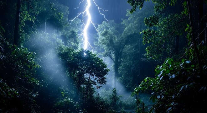 Bright lightning bolt striking over a dense dark forest at night