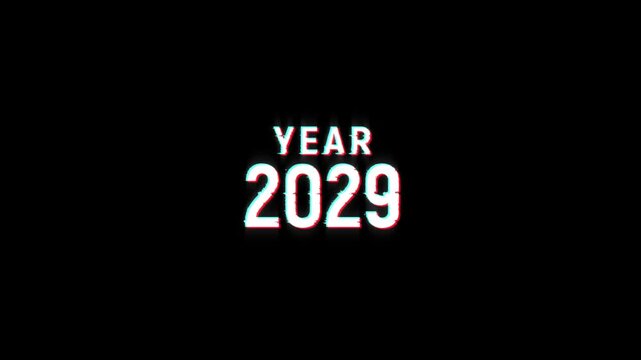 year 2029 glitch digital loop countdown animation text with noise glitch effect. new 2029 year glitch text on display screen upcoming events