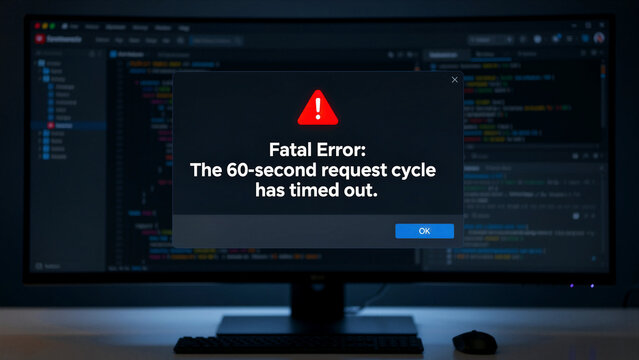 Fatal error message pop-up displayed on a computer screen over source code. Dark developer interface showing a request timeout warning. Software bug concept for IT support and coding marketing.