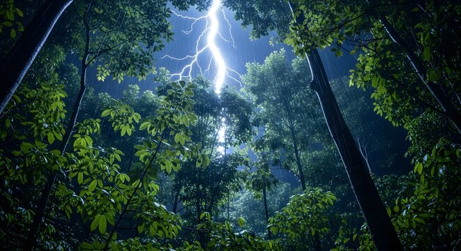 Dramatic lightning strike illuminating the night sky above a lush dark forest