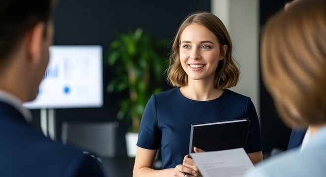 Job interview with a smiling female candidate meeting two recruiters, showing a positive hiring conversation and resume review for office employment, career change and staff selection
