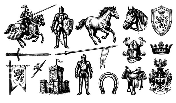 Hand Drawn Medieval Horses and Knights Sketch Collection Black and White Vector Illustration