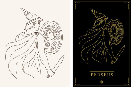 Perseus and Medusa head in mirrored shield Greek mythology elegant illustration artwork