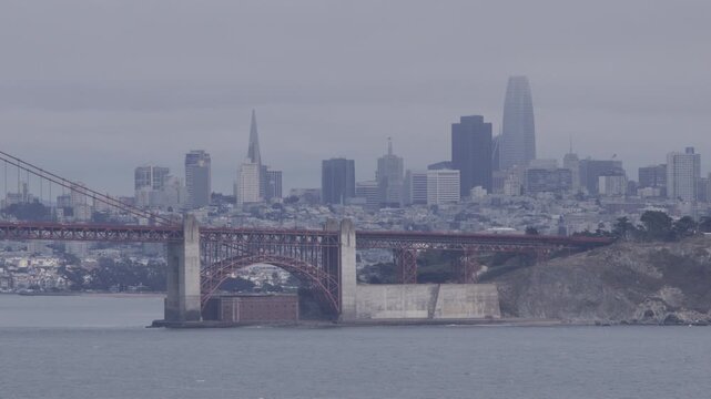 Foggy View Of Golden Gate Bridge South Anchorage and Fort Point - Medium Shot