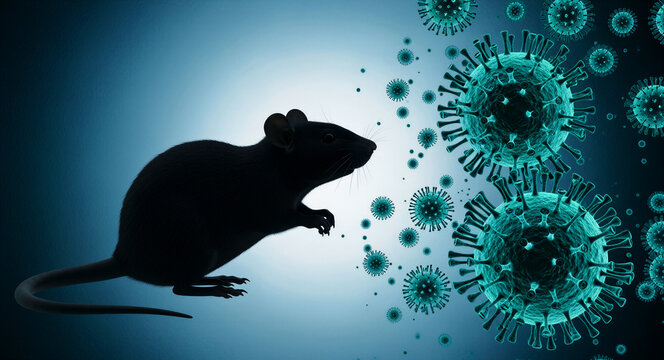 Silhouette of a rat facing microscopic virus cells on a dark blue background. Rodent representing zoonotic disease transmission risks. Concept for healthcare research and pest control marketing.
