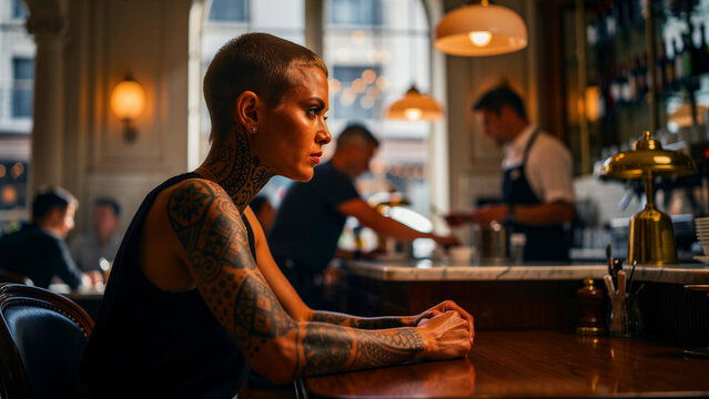 Tattooed woman with buzz cut sitting at an upscale bar. Edgy female patron waiting in a modern restaurant interior. Urban lifestyle and individuality concept for hospitality marketing.