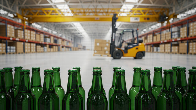 Green glass bottles lined up in a distribution center with a blurred forklift background. Industrial warehouse scene showing beverage logistics and inventory. Brewery supply chain concept.
