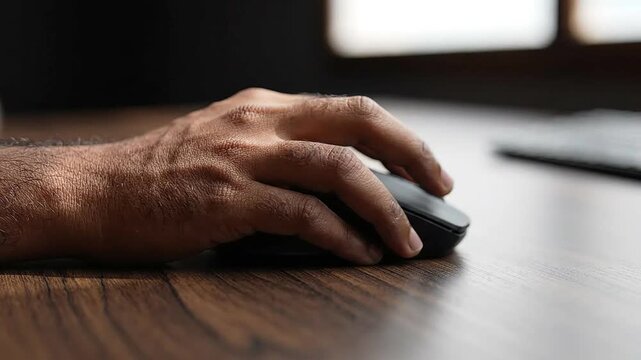 Indian technology professional using a computer mouse for digital work in an office setting, close up cinematic footage of hand interacting with modern office hardware