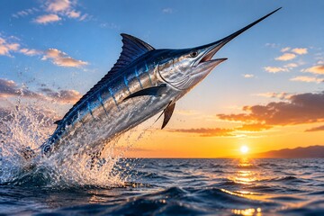 Fototapeta premium Marlin fish leaping from the ocean at sunrise, body glistening with water.