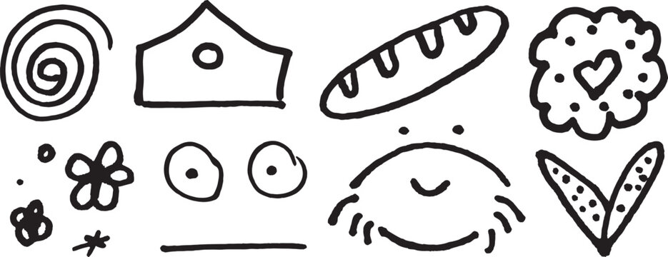Hand drawn doodle style food and object icons including bread house cake flower and abstract shapes in simple line art