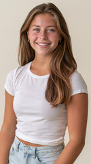 Fototapeta premium young american golfer woman smiling in casual outfit, athletic brunette woman with blue eyes smiling naturally, confident young female golfer portrait in casual style